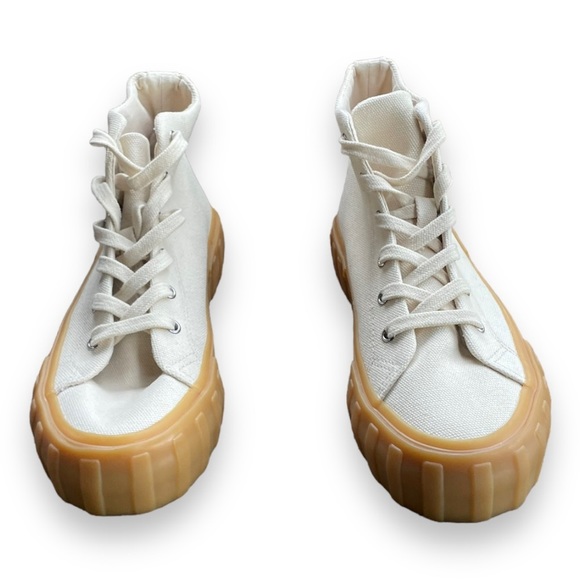 Zara Off White Canvas Hi Top Platform Sneakers Cream With Flax Gum Sole 7 - Picture 5 of 5